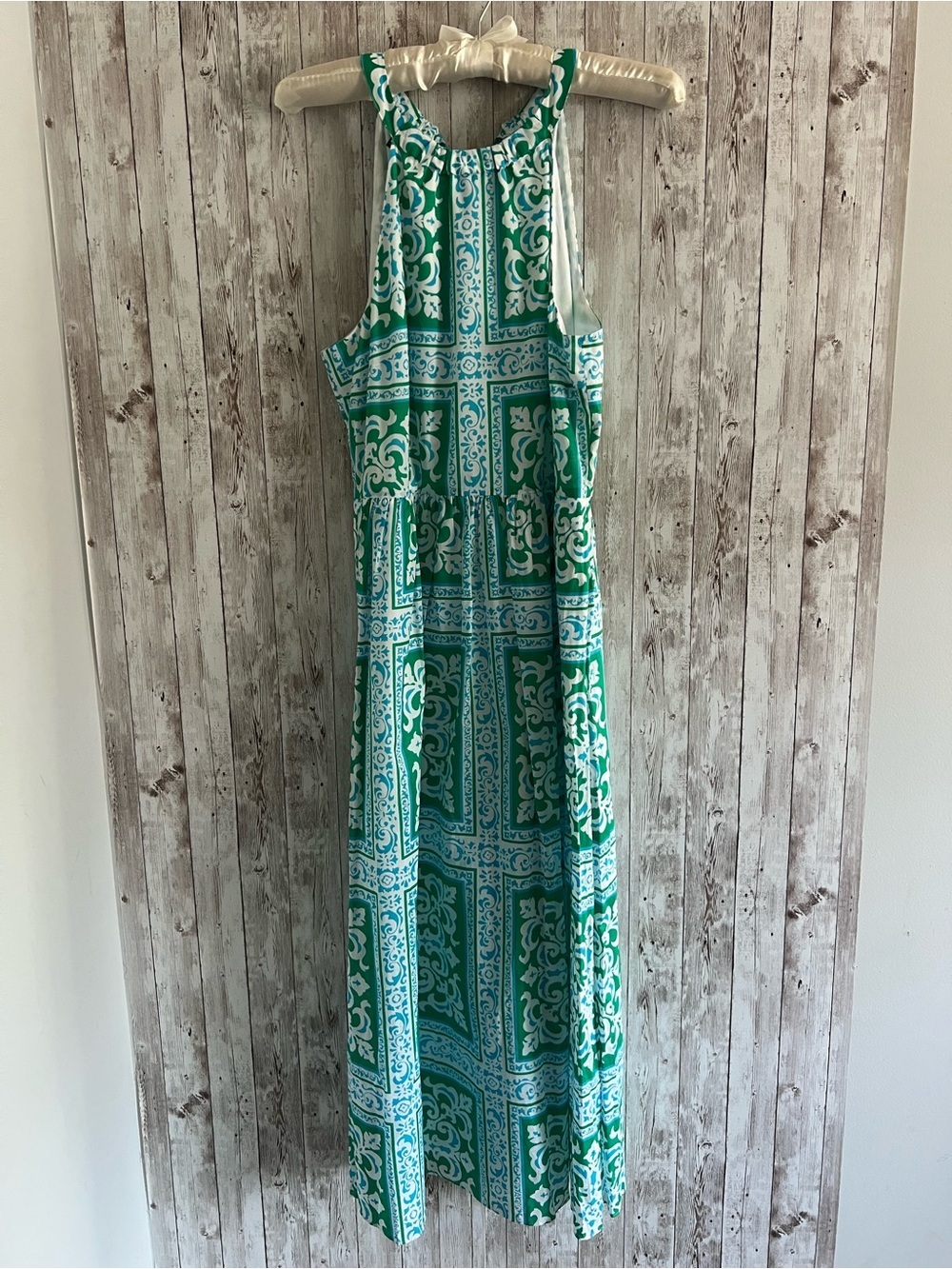 Talbots Green Blue White Medallion Tiles Print Sleeveless Maxi Dress 10P